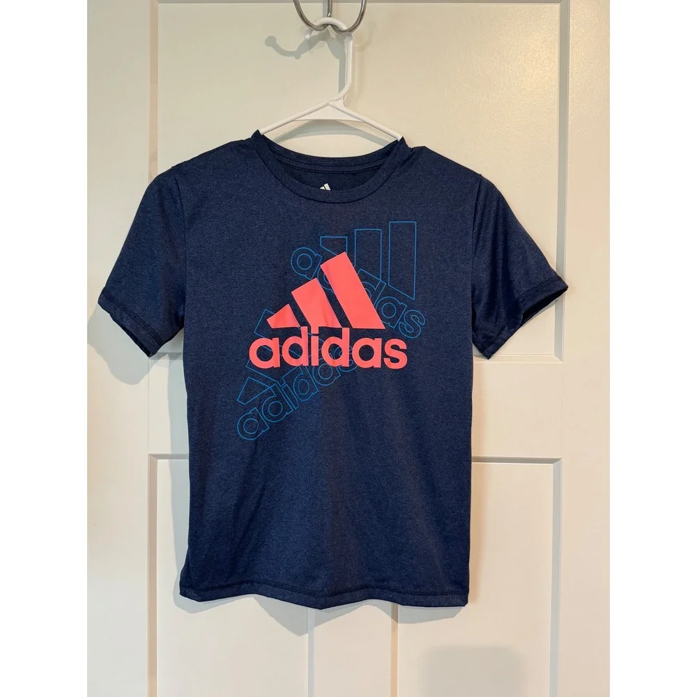 Adidas Boys Small 8 Navy Blue Heathered Graphic Logo Performance T-Shirt S8